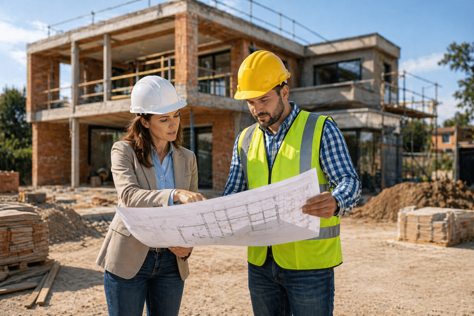 Architecte et ouvrier analysant des plans sur un chantier de construction de maison individuelle
