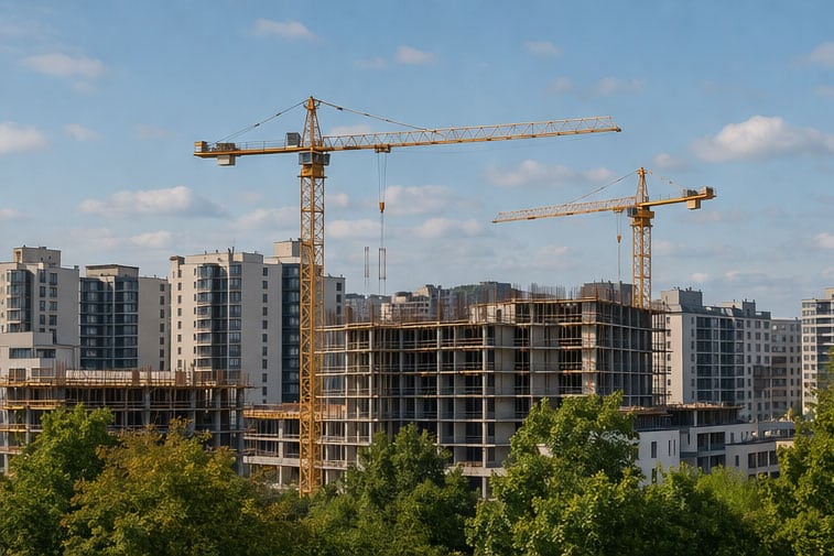 Chantier de construction d’immeubles avec grues, représentant un projet d’aménagement urbain"