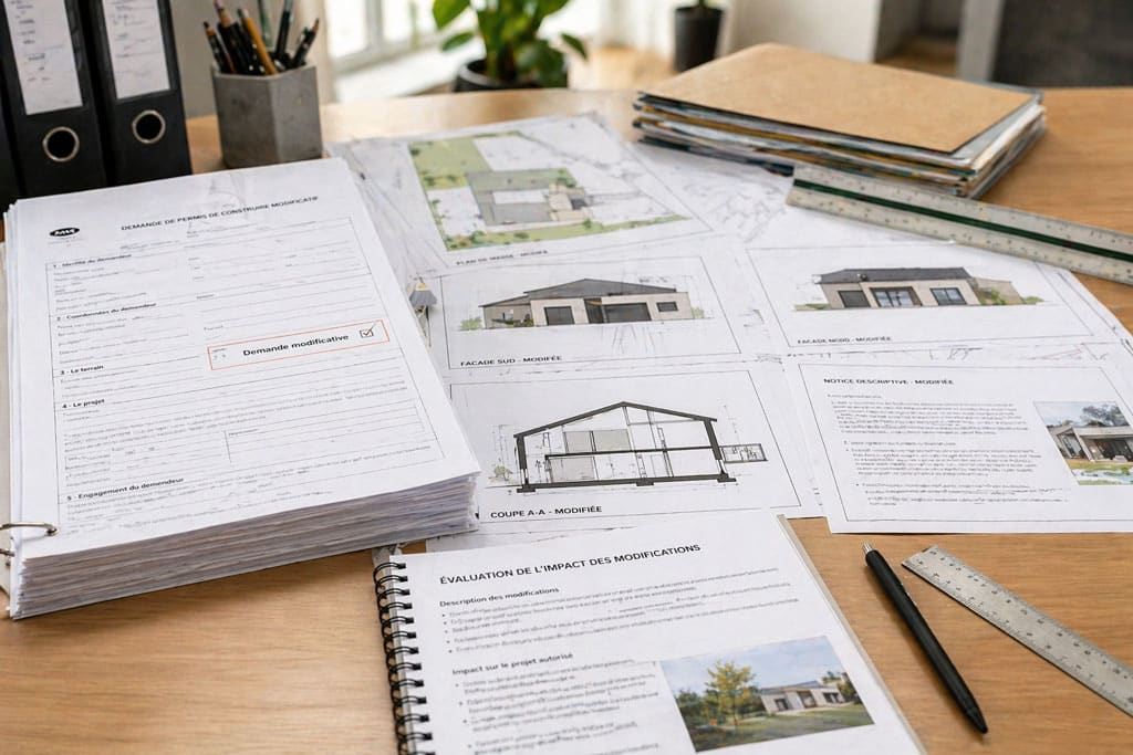 Dossier de permis de construire modificatif avec formulaire CERFA et plans architecturaux étalés sur un bureau