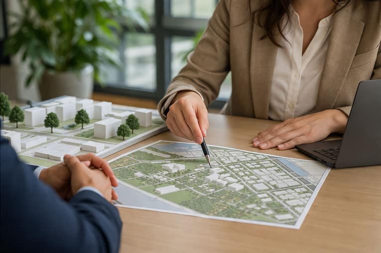 Professionnels analysant un plan d’aménagement urbain lors d’une réunion de projet immobilier