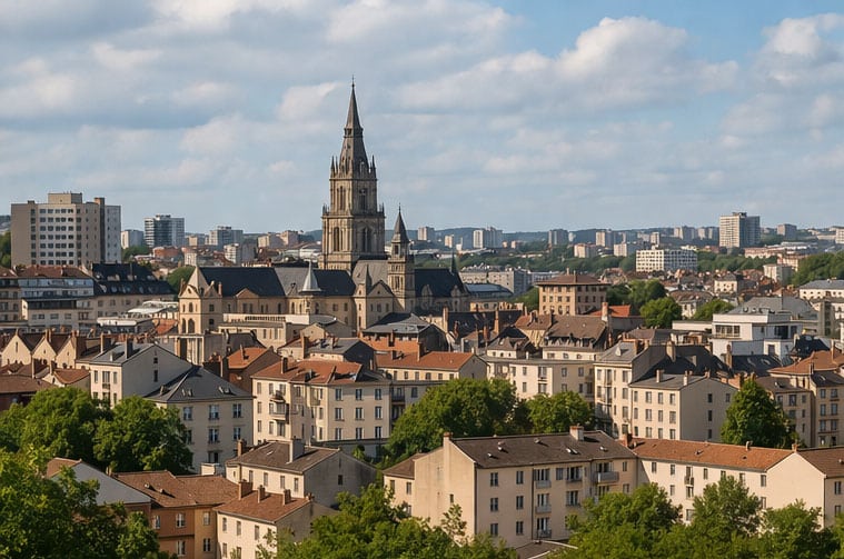 Vue urbaine d’une ville française avec immeubles et toits, illustrant le contexte du droit de préemption urbain.